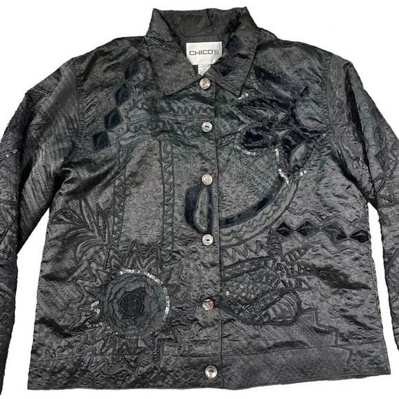 Chicos Black Lace Embroidered Jacket Button Down Shirt Sequin Floral Size 1 US M - Picture 9 of 9